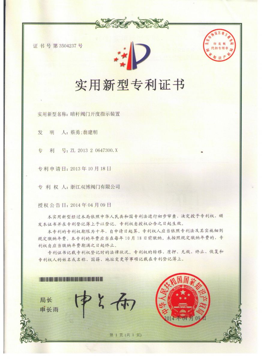 Opening Indicating Device Patent Certificate